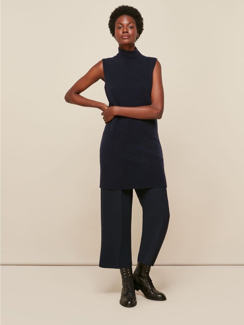 Whistles Wool Blend Sleeveless MockNeck Tunic Sweater S Navy Longline Minimalist